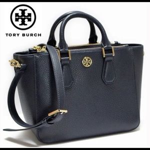 Tory Burch Navy Blue Landon Square Leather Mini Tote Handbag Purse